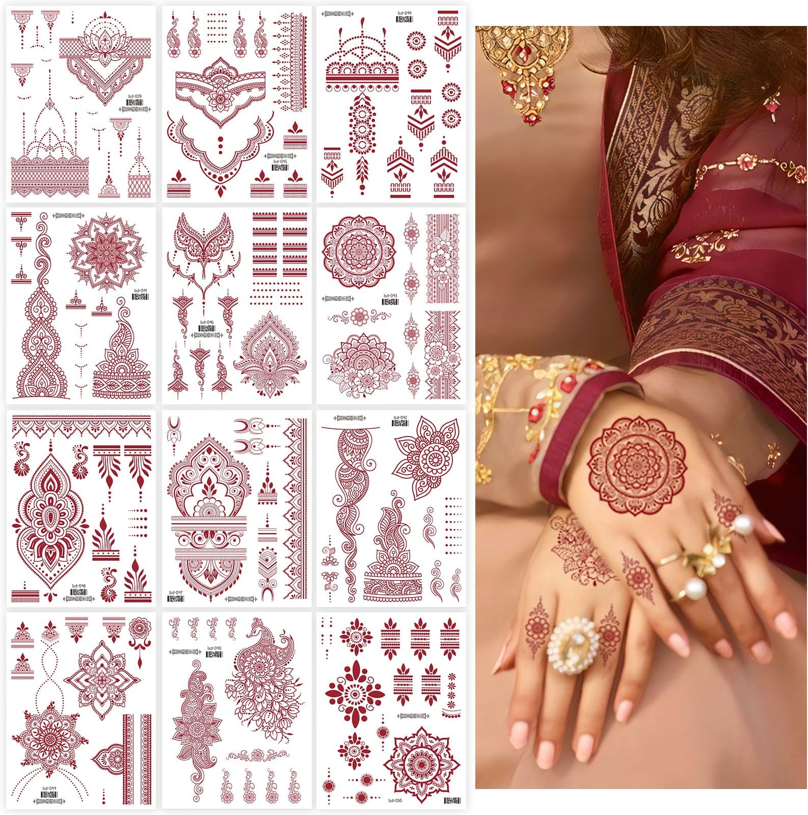 12 Sheets Temporary Tattoos, Temporary Tattoos for Women, Indian Red Tattoo Stickers, Waterproof Fake Tattoos for Neck Chest Arms Legs (Red)