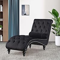 Velvet Chaise Lounge Indoor - Button-Tufted Armless Chair with Pillow, Ergonomic Recliner for Bedroom Living Room Office, Black