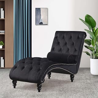 Velvet Chaise Lounge Indoor - Button-Tufted Armless Chair with Pillow, Ergonomic Recliner for Bedroom Living Room Office, Black