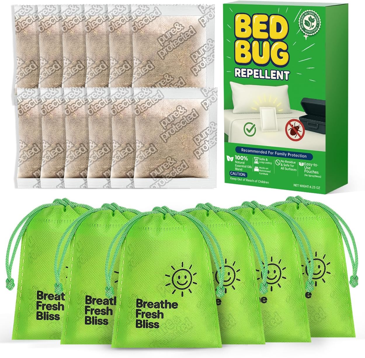 Bed Bug Repellent Pouches, 12 Pack Natural Plant Based Essential Oil, Flea and Mite Bedbug Deterrent for Indoor Home, Hotels and Luggage, Long Lasting Closet Bed Bug Prevention, No Residue Formula