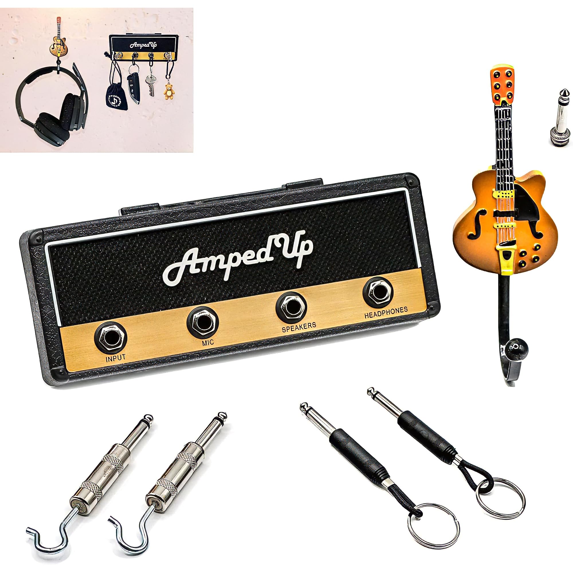 Wall Mounted Guitar Amplifier Style Key Hanger and Key Chain Holder, Speaker Style with Acoustic Guitar Coat Hook and 4 Amp Plugs Gift for Musicians