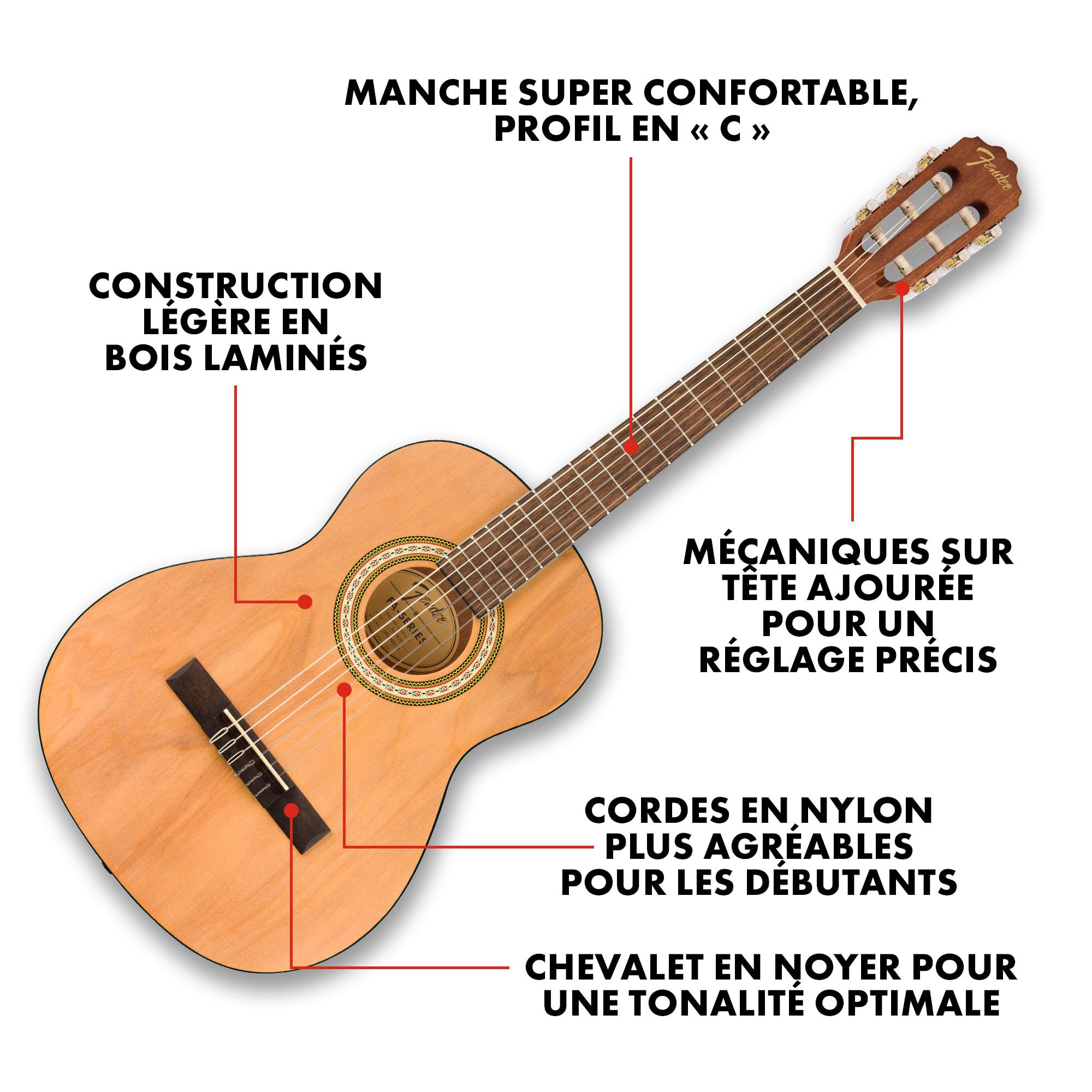 Fender FA-25N Guitare Acoustique Nylon 3/4, Guitare pour Débutants, Garantie 2 Ans, Idéale pour Enfants Débutants, Facile à Manipuler, Couleur Naturelle