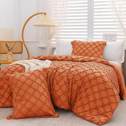 MILDLY Boho Duvet Cover Queen Size, 3 Pieces Shabby Chic Tufted Burnt Orange Duvet Cover Sets for Home, Soft Boho Textured Bedding Set for All Seasons-No Comforter