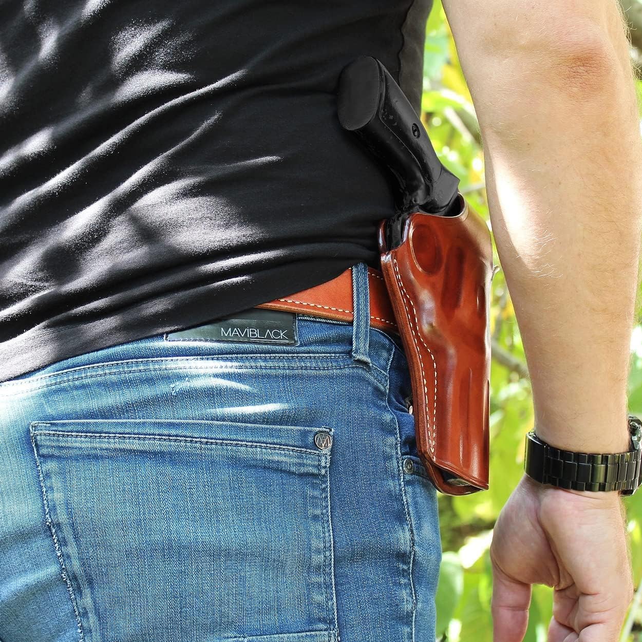 Masc OWB Leather Paddle Holster with Thumb Break, Fits King Cobra Target 357 Mag 6-Shot 4.25" Barrel, R/H Draw Brown Color #1632#