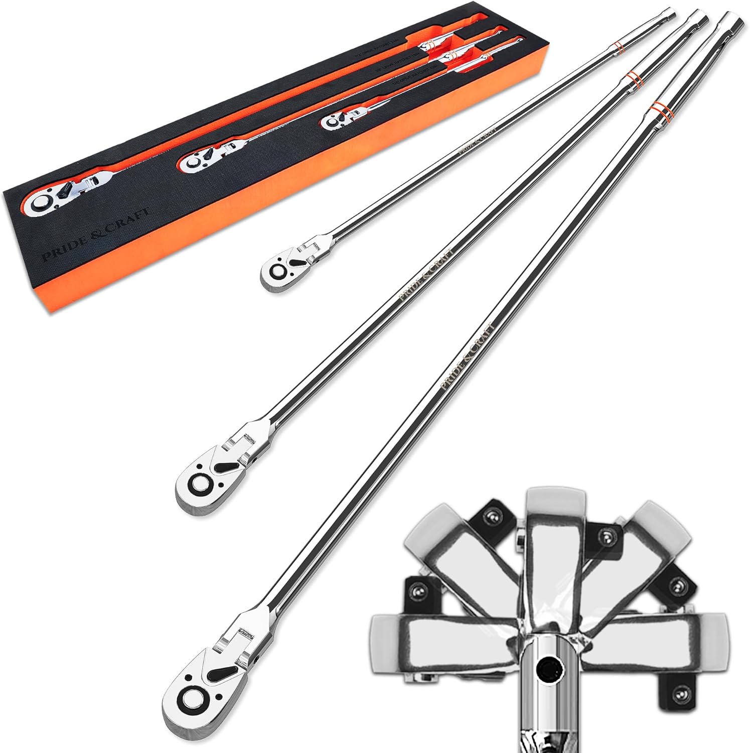 PRIDE&CRAFT 3PC Drive Extra Long Flex Head Ratchet 72-Tooth, Socket Wrench Quick Release Reversible Design, Swivel Head Ratchet, Chrome Alloy Made, EVA Organizer