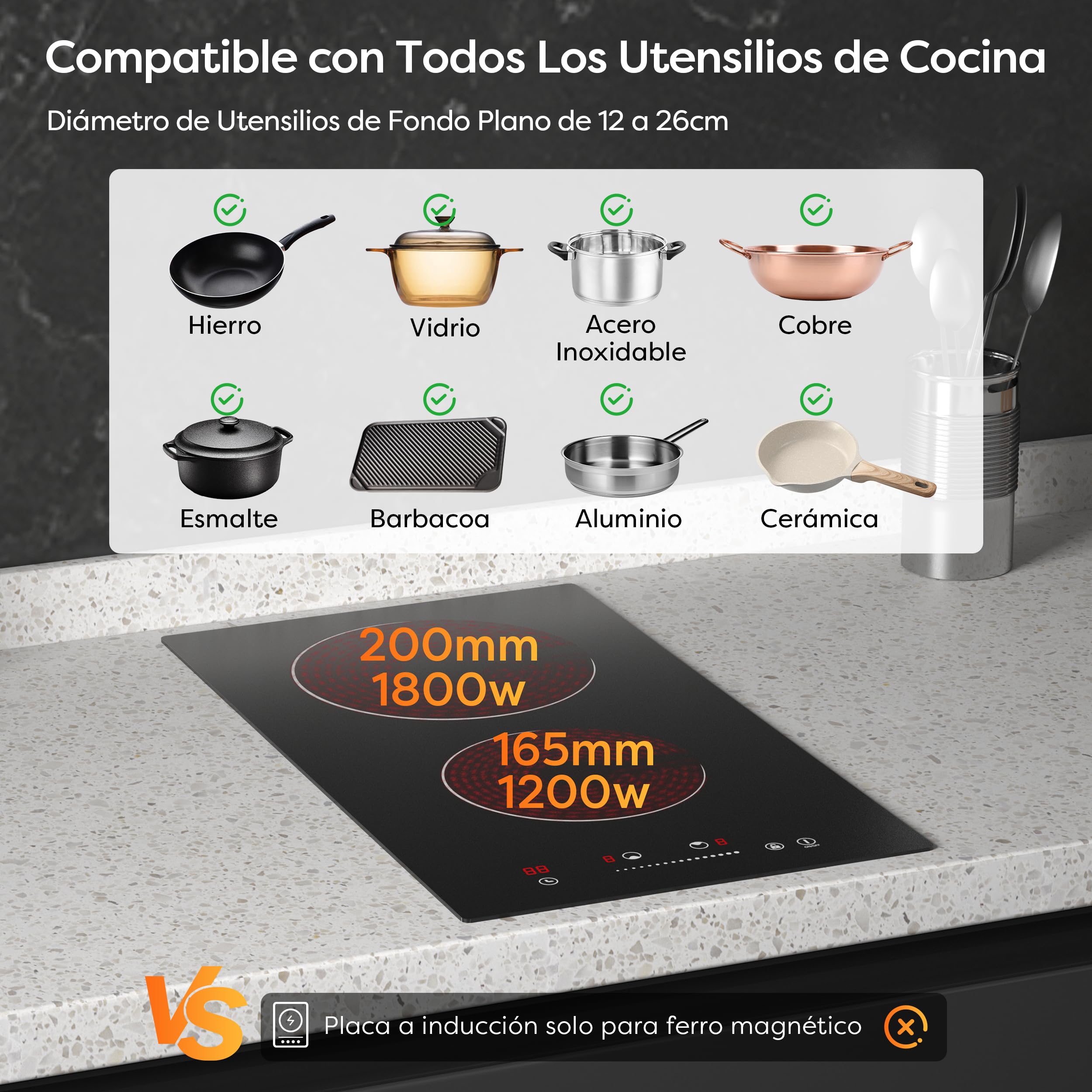 CDV Placa Vitrocerámica 2 Fuegos, 3000 W, Placa de Cocina Eléctrica Empotrable, 30 cm, 9 Niveles de Potencia, Timer, Bloqueo de Seguridad | Plan eléctrico compacto con control táctil, temporizador, bloqueo infantil y apto para ollas de fondo plano