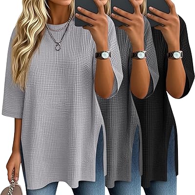 3 Pack Women's 3/4 Sleeve Waffle Knit Tops Oversized Crewneck T-Shirts Loose Casual Blouses Side Split Tees