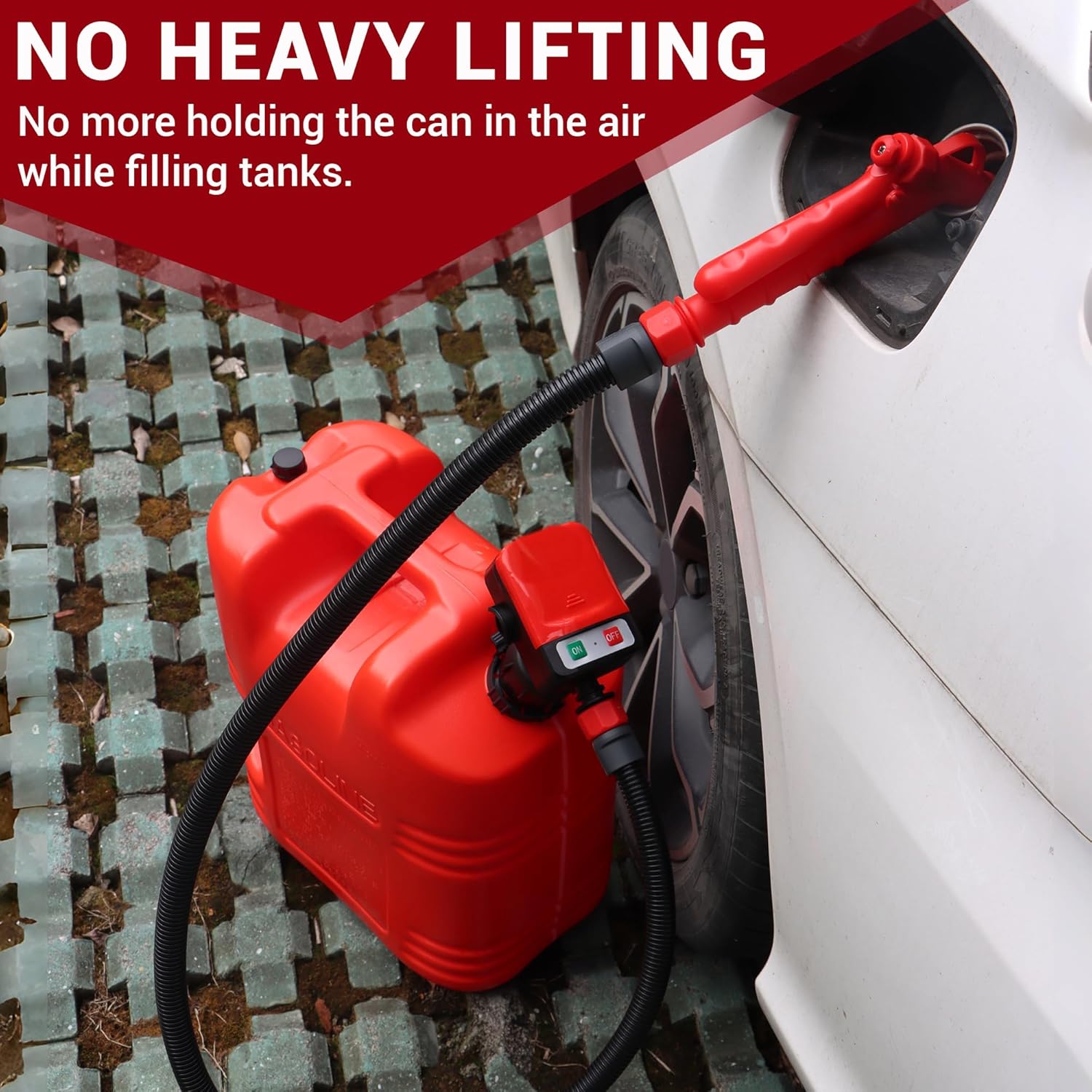 Fuel Transfer Pump Battery Powered: 4 Adapters for Most 5 Gallon Gas Can Jug Tank, 51 Inch Long Hose, Hand Control Nozzle - Electric Gas Transfer Pump