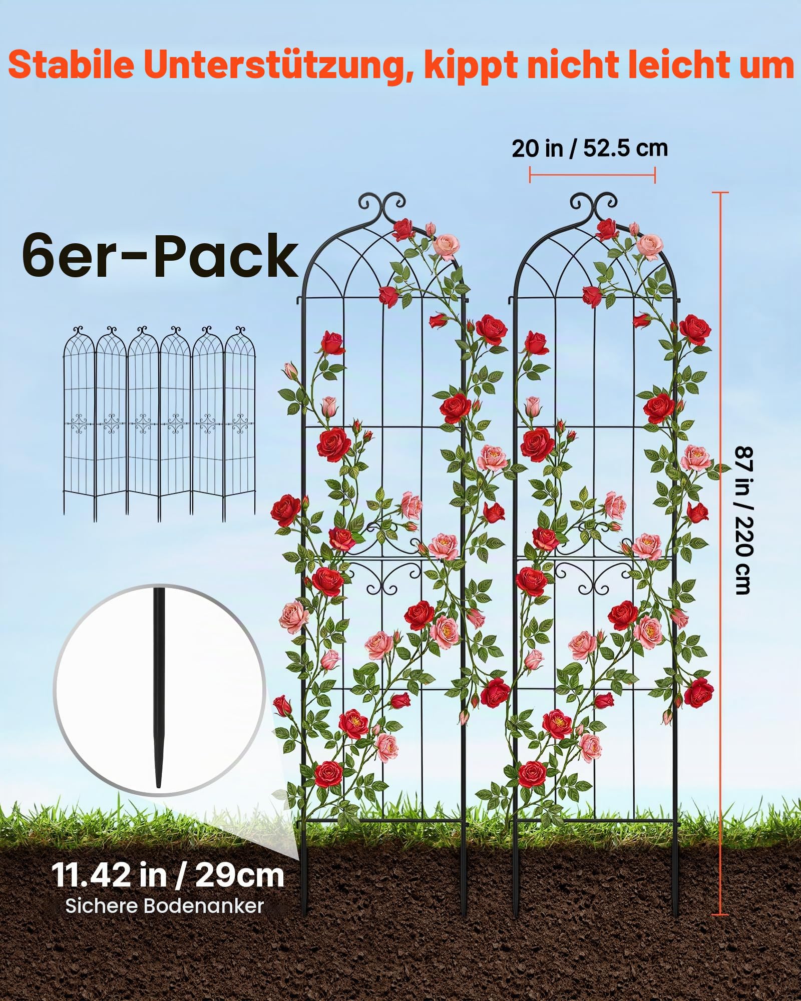 VEVOR Rankgitter, 220x52,5 cm 6er-Pack, Metall Rankhilfe mit Pulverbeschichteter Oberfläche & Verriegelungsmechanismus, Kletterhilfe, Garten Spalier, Pflanzengitter für Blumen, Gemüse & Rosen