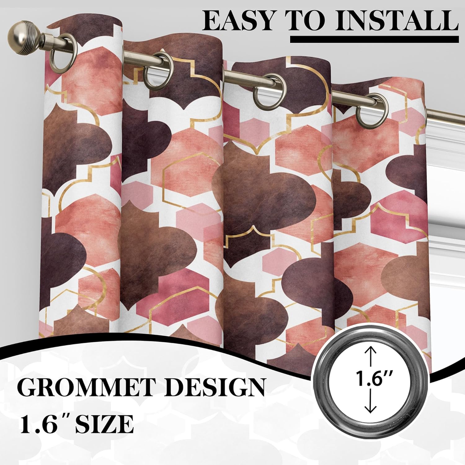 Tyrot Moroccan 100% Blackout Curtains for Bedroom Brown Red Abstract Geometric Black Out Curtains 96 inch Long 2 Panels Set Window Drapes Thermal Room Darkening Curtains for Living Room, 52Wx96L