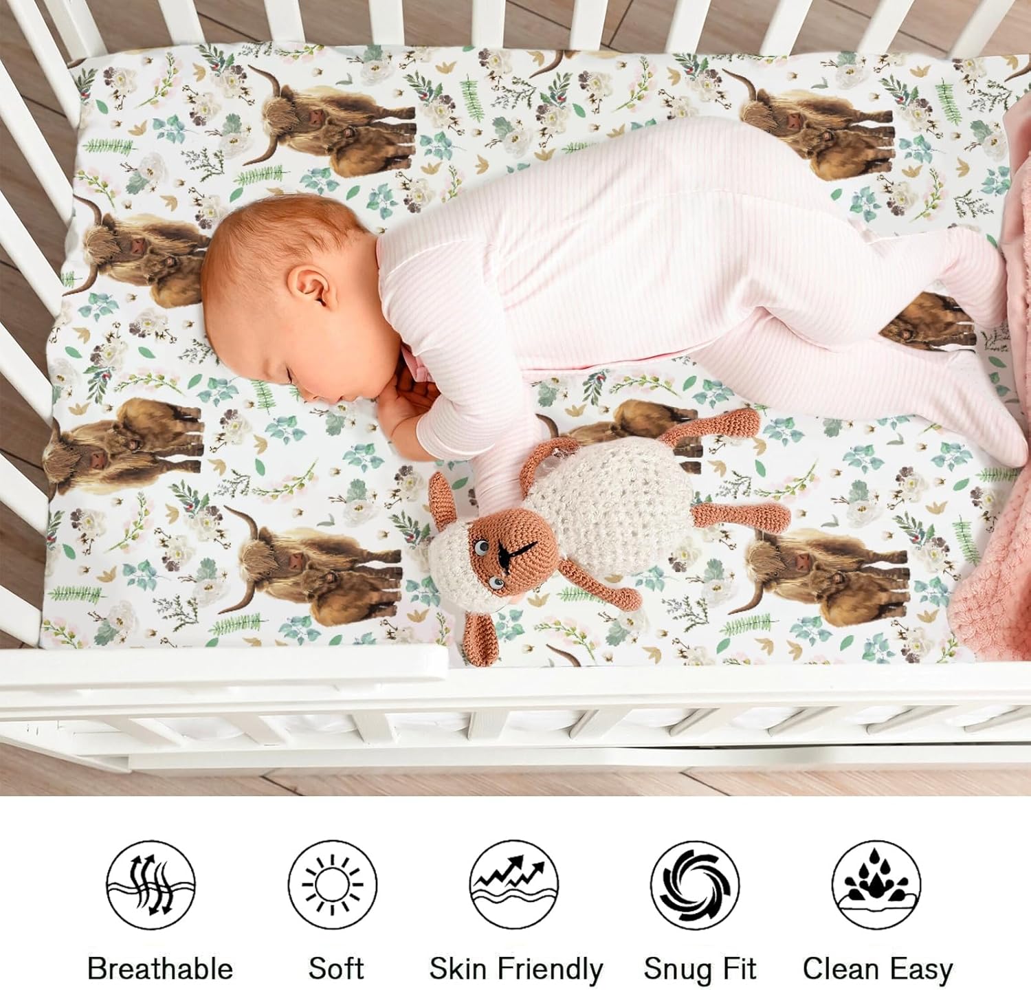 Watercolor Highland Cows Retro Floral Baby Crib Sheets for Boy Girl 52"x28" Highland Yak Boho Flowers Leaves Fitted Crib Mattress Sheet Soft Nursery Baby Sheets for Standard Crib and Toddler Mattress