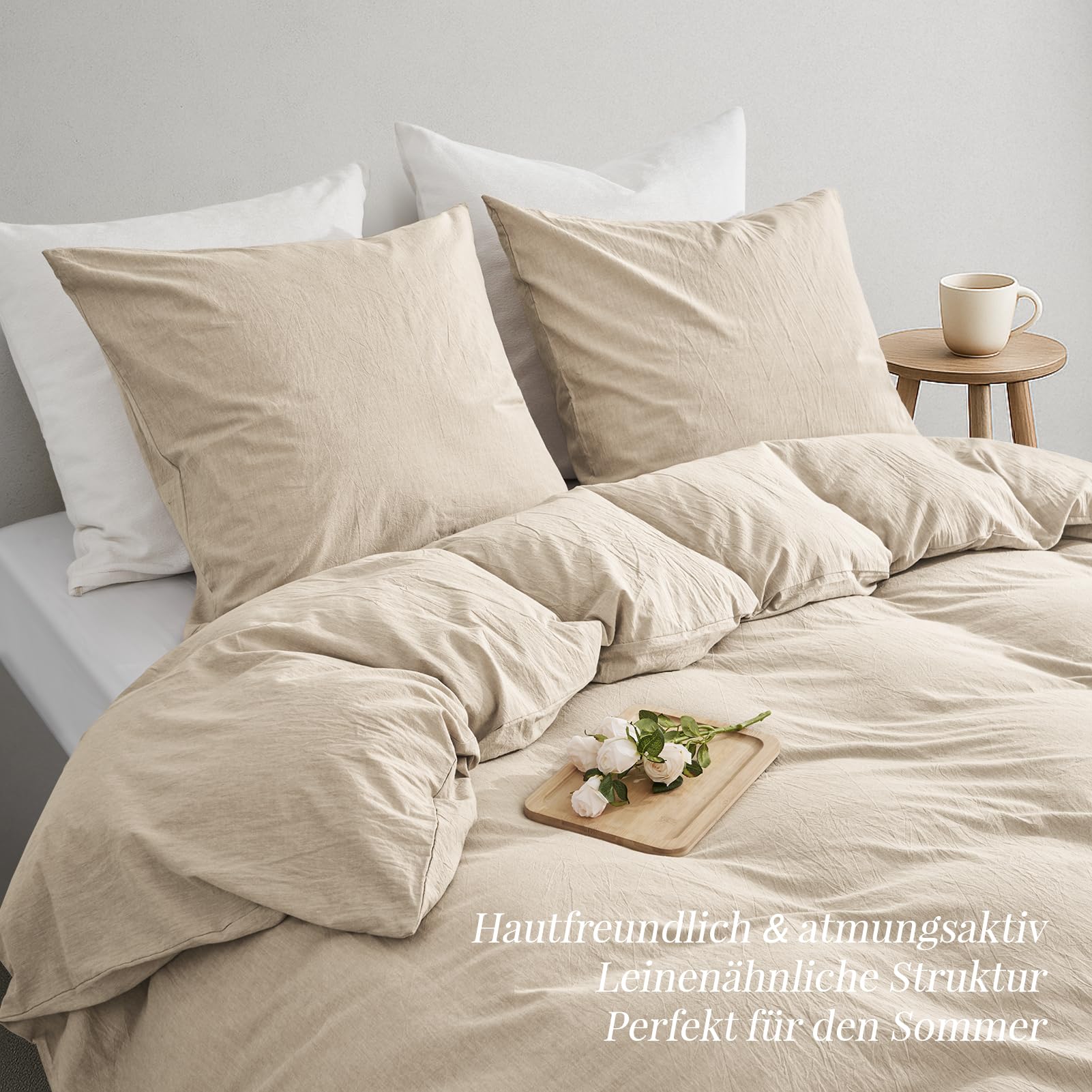 Bettwäsche 135x200 Baumwolle 4teilig Beige Superweiche 100% Vorgewaschene Baumwolle mit Leinenstruktur ÖKO-TEX Bettwäsche 4teilig 2 Bettbezüge 135x200+2 Kissenbezüge 80x80 mit Reißverschluss