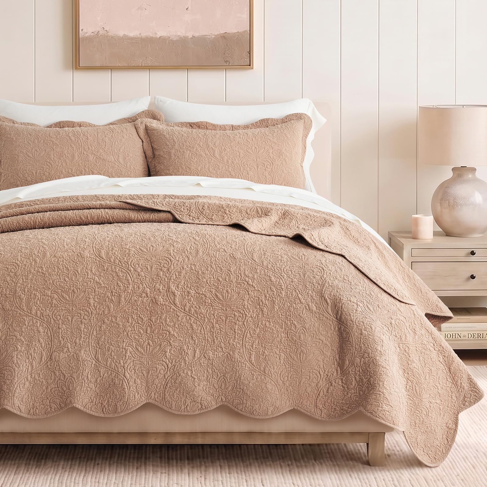 Photo 1 of EverGrace Home 100% Cotton Scalloped Quilt Set, King, Rose Dust