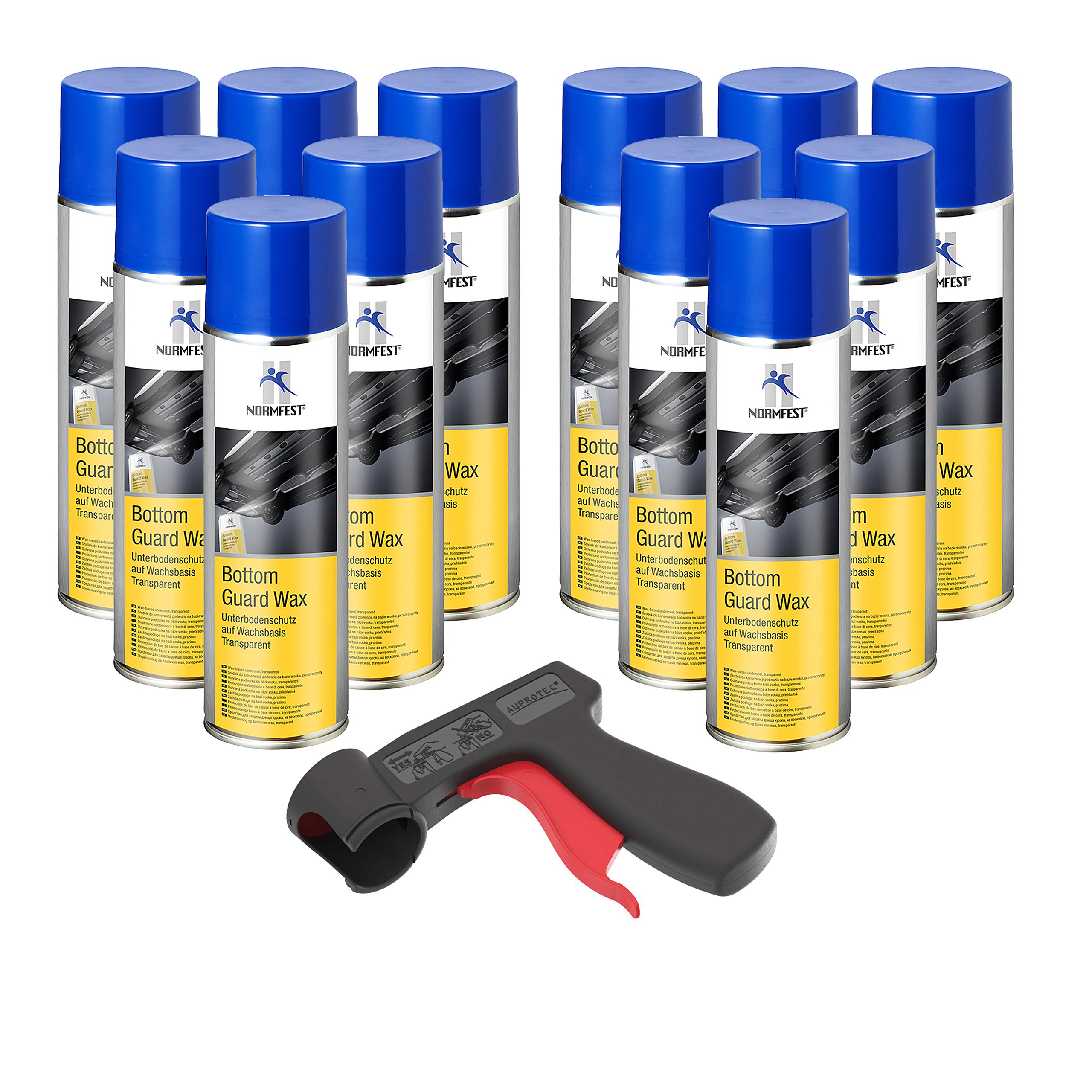 AUPROTEC Pistolengriff + Normfest Unterbodenschutz Wachs Steinschlagschutz Bottom Guard Wax Spray 12x 500ml