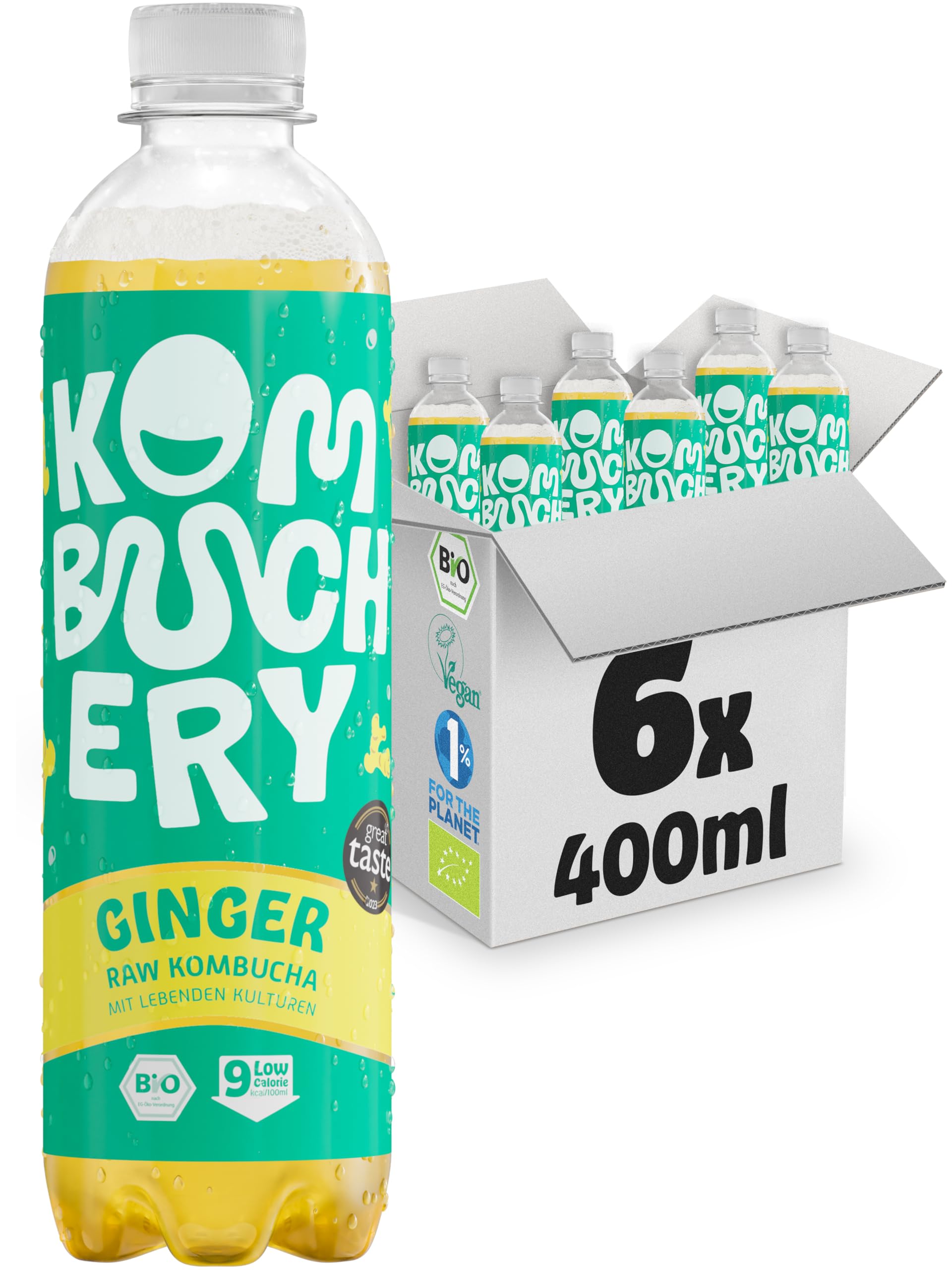 KOMBUCHERY® Ingwer Raw Kombucha BIO | 6 x 400ml Flaschen | Fermentierter Tee mit lebenden Darm-Kulturen | Zuckerarm & Kalorienarm | Unpasteurisiert, Vegan, Nachhaltig, Testsieger