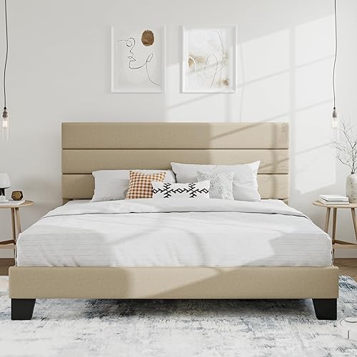 SHA CERLIN Base de cama King con cabecera de tela tapizada, base de colchón con fuerte soporte de listones de madera, no necesita somier, color beige