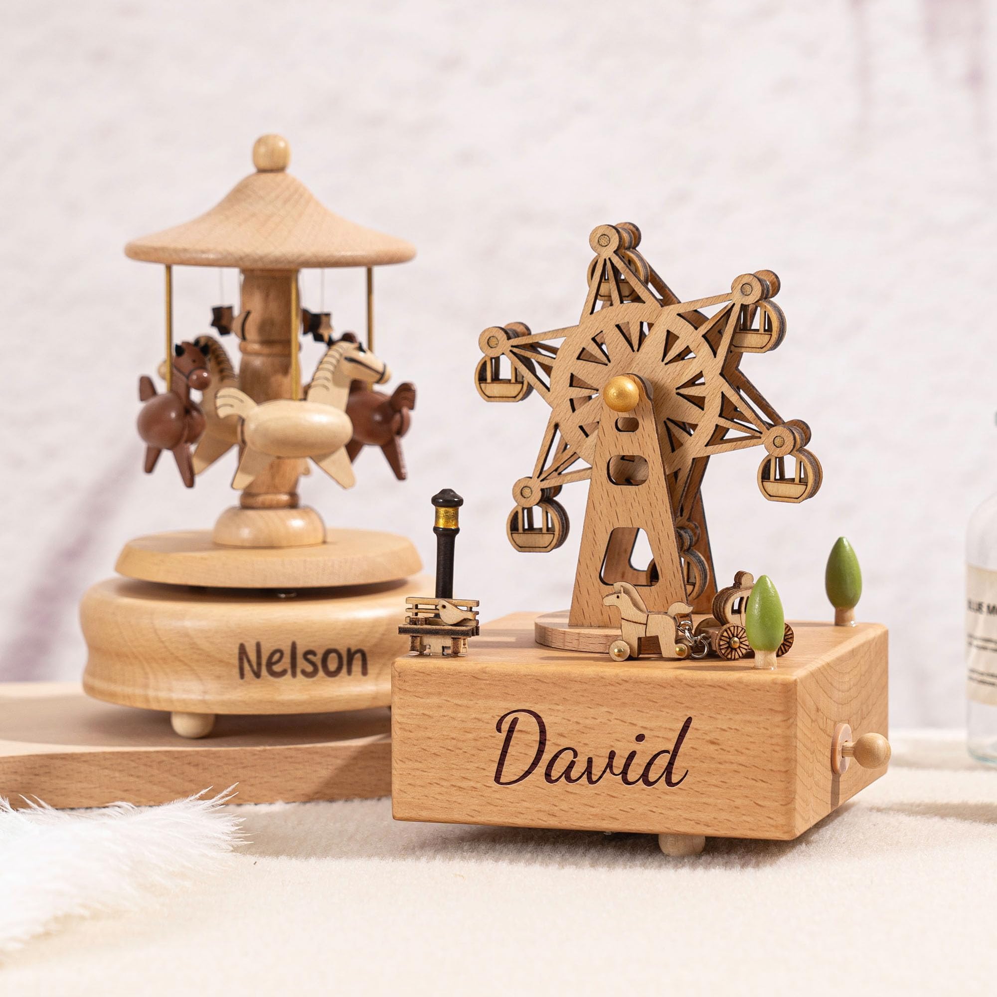 Kenon Personalized Wooden Carousel Musical Box, Engraved Music Box, Wooden Ballerina Music Box, Keepsake Gift for Girls Boys