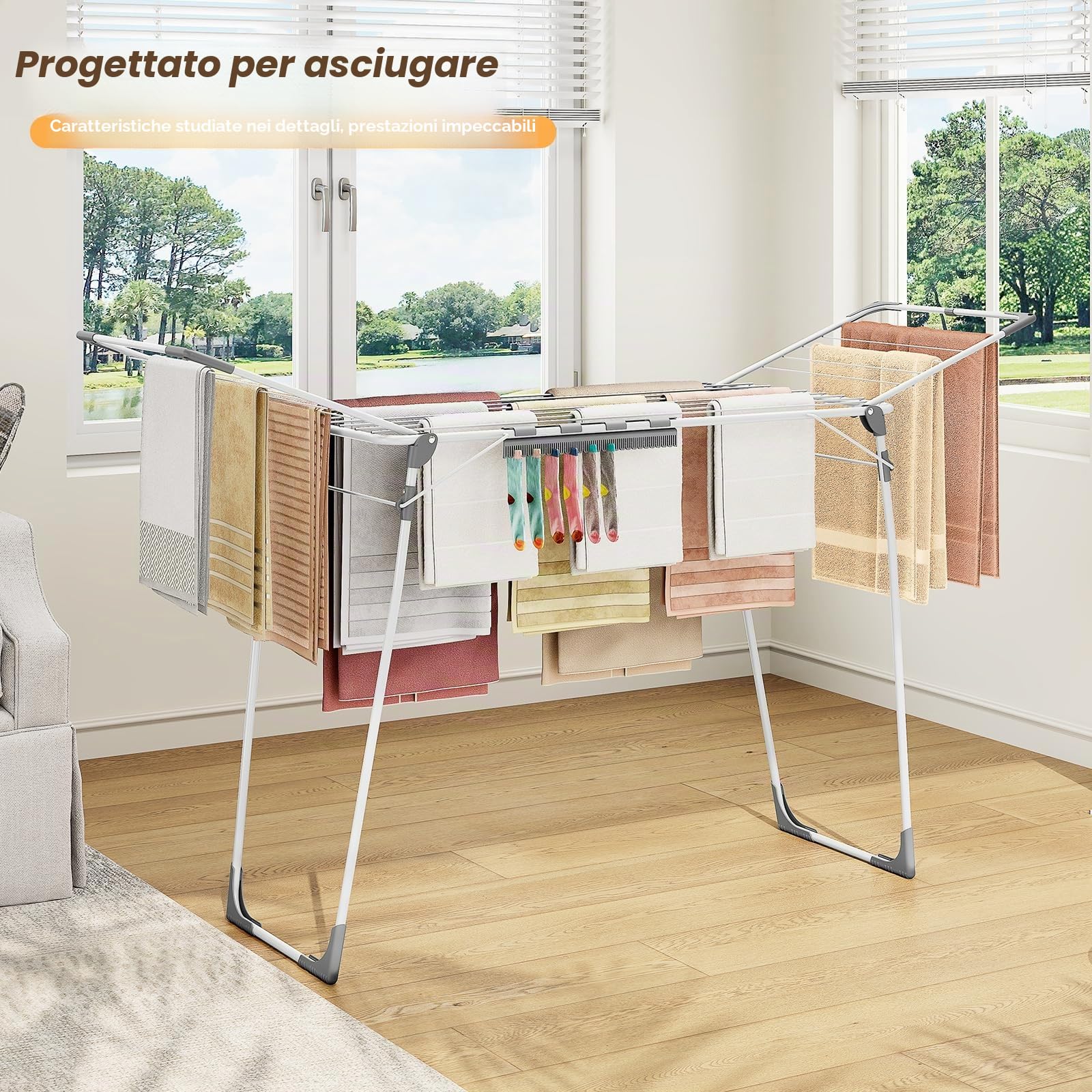 KINGBOARD Stendibiancheria pieghevole grande, stendibiancheria con ali estensibile 174x97x156 cm, stabile stendibiancheria con piedi antiscivolo, asciugabiancheria pieghevole per interni ed esterni