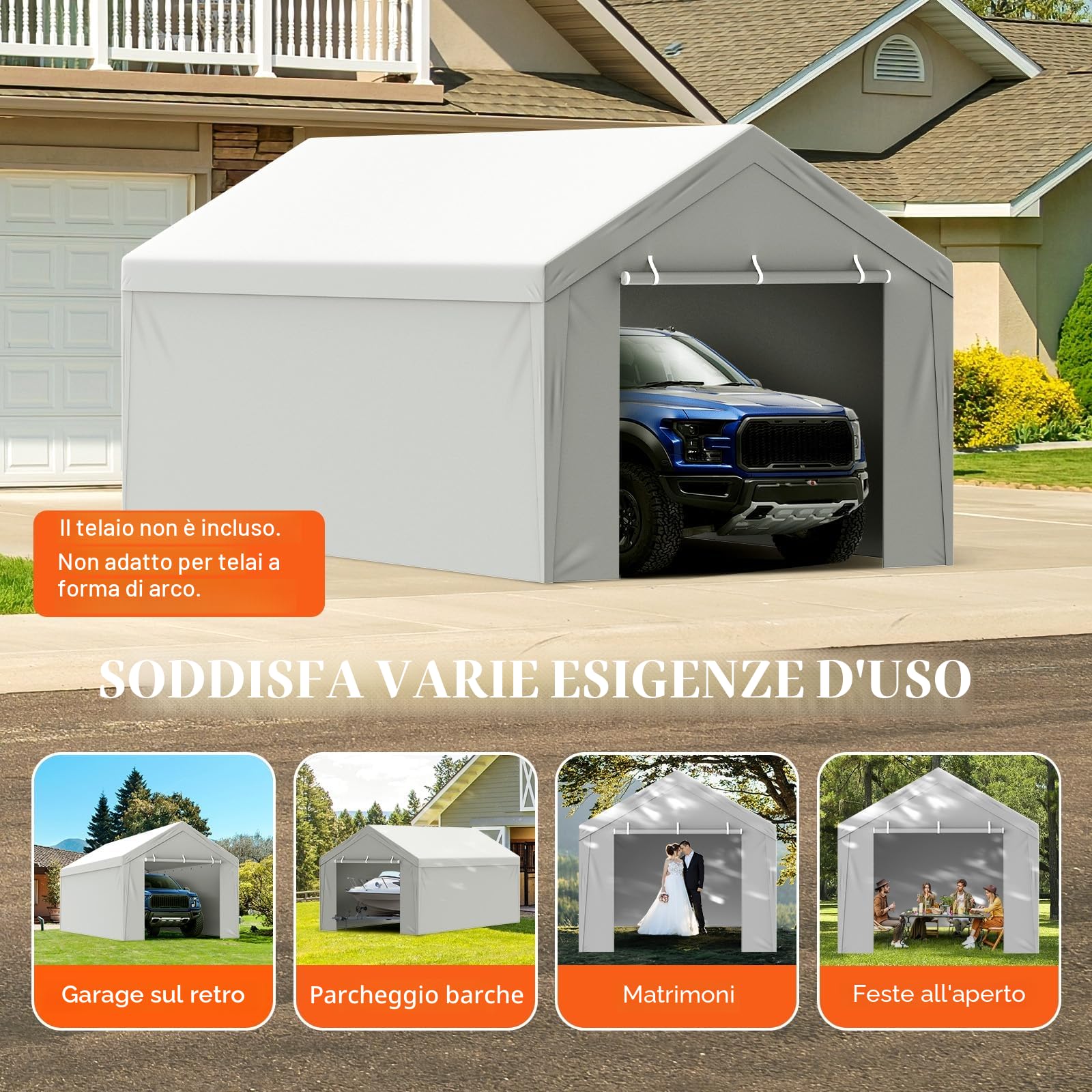 VEVOR Tendalino di ricambio per posto auto coperto parete laterale 10x20ft, impermeabile e protetto dai raggi UV, bianco (telaio non incluso)