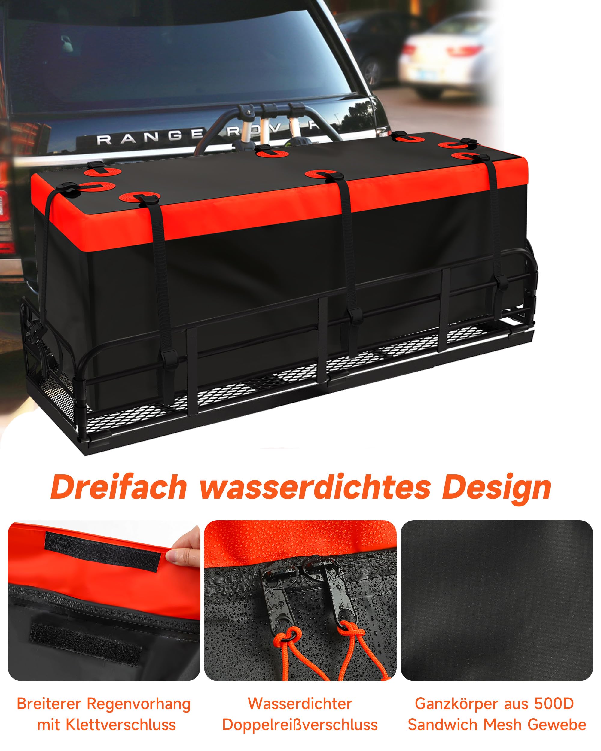 Softshell-Gepäckträger Heckbox für Anhängerkupplung,Fahrzeugträger Hecktasche 15 Kubikfuß, wasserdicht, 147 x 48 x 61 cm