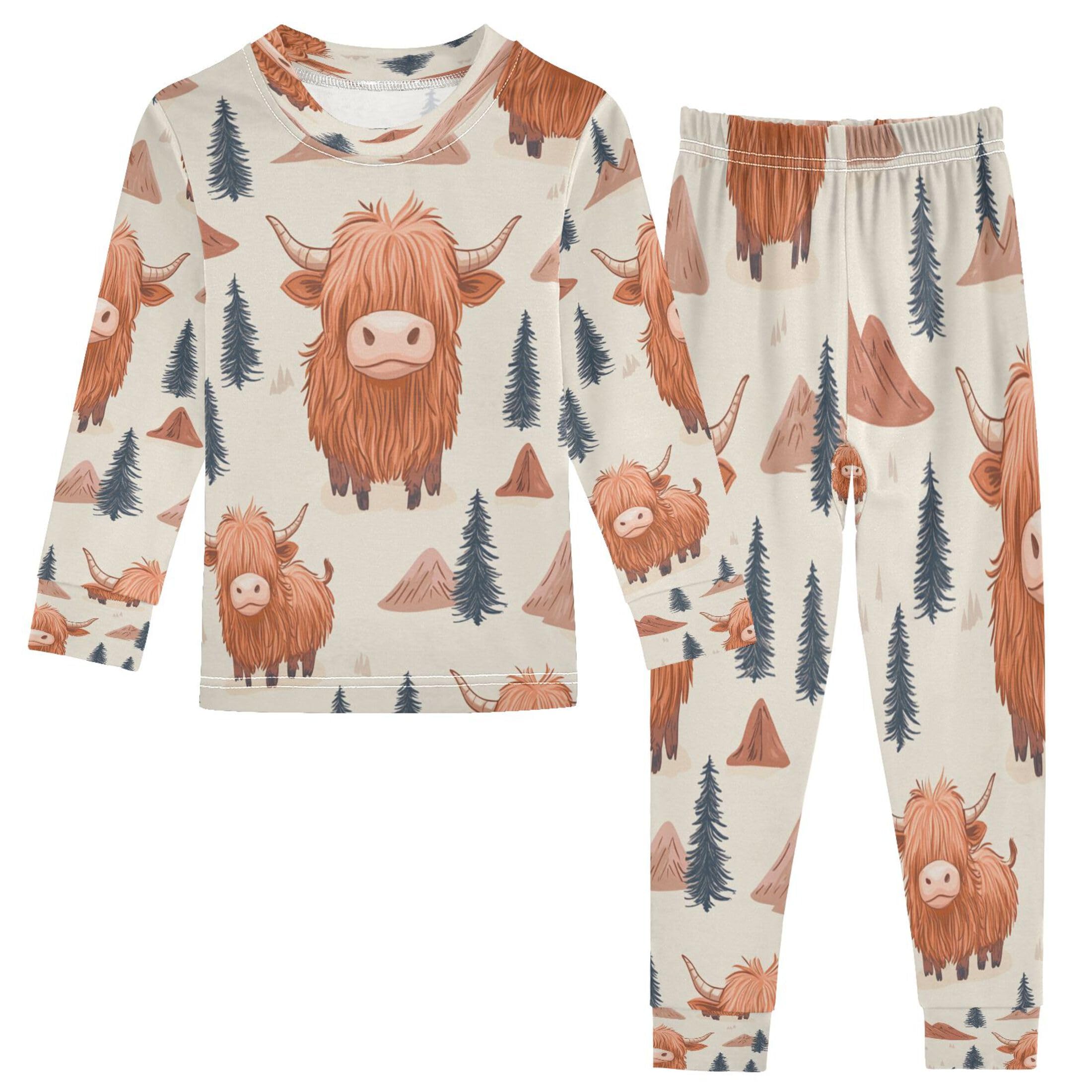 Vozoza Highland Cow Mountain Pajama Sets Long Sleeve Top with Pants Cotton Soft Sleepwear 2 Piece Pjs Set Size 5T