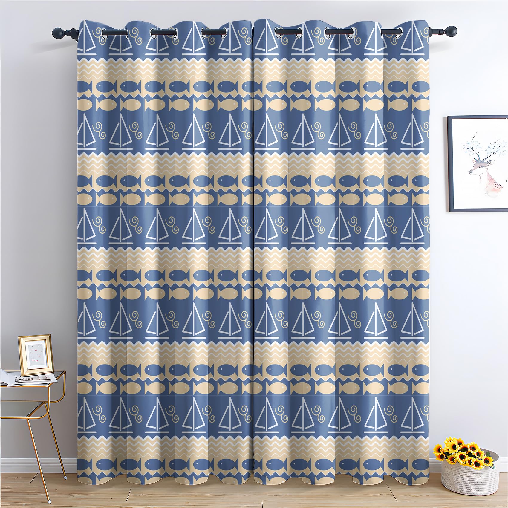 Nautical Curtains for Bedroom Living Room - Sailboat Fish Blackout Curtains 66 x 54 Inch (Width x Drop), Thermal Insulated Eyelet Curtains & Drapes, Decorative Patterned Window Treatments I-#278