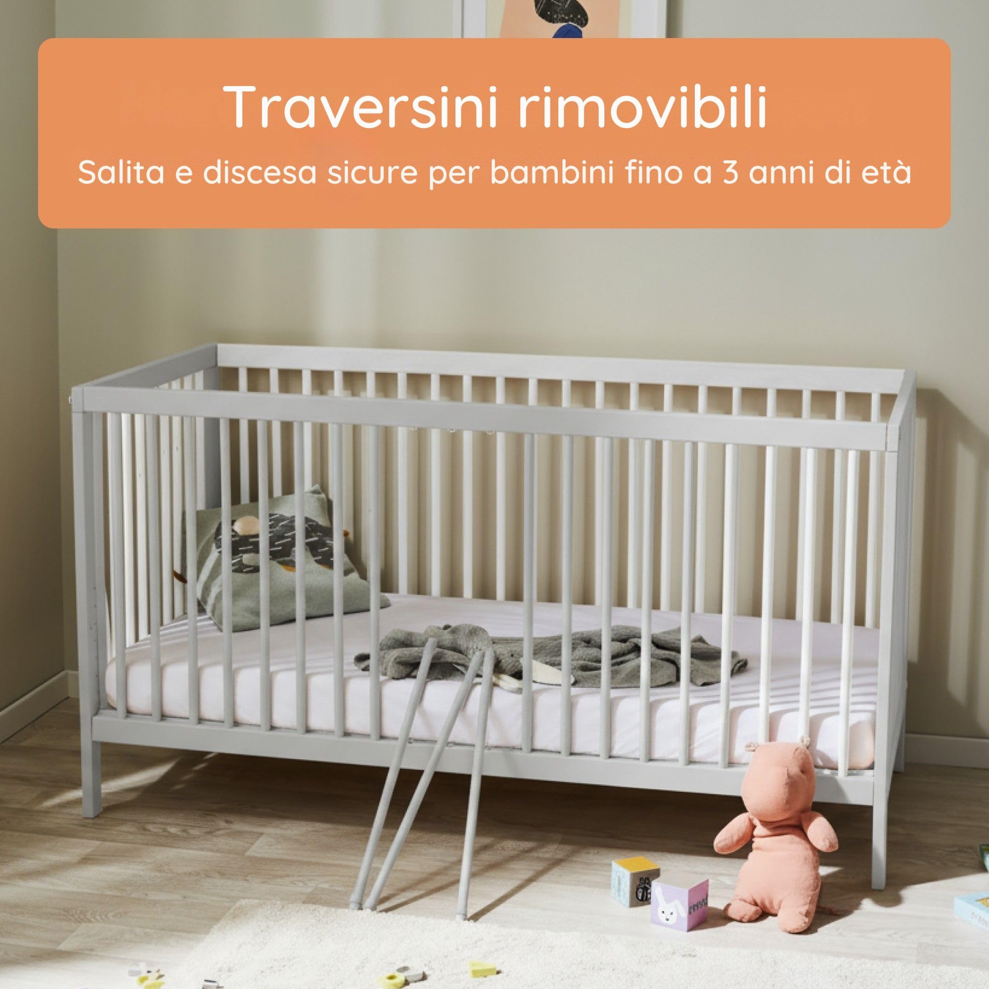 Kids Collective Letto per Bambini in legno di faggio 60x120 cm e 70x140 cm con materasso | Rete regolabile in altezza, sbarre removibili | Dalla nascita fino a 3 anni | Prodotto in UE | grigio