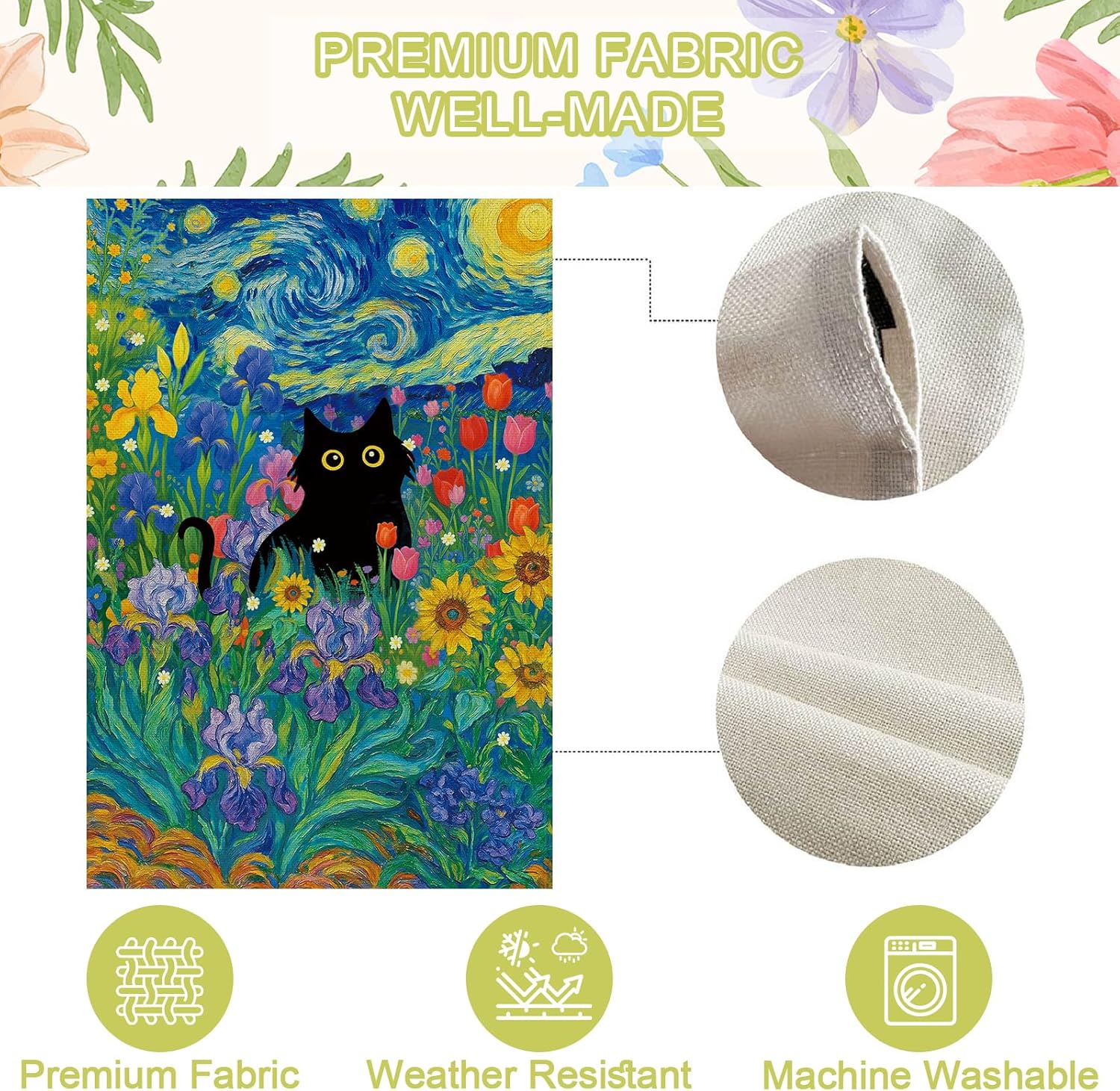 Baccessor Spring Summer Black Cat Garden Flag Double Sided 12.5 x 18 Inch Burlap with Clip and Stopper,Starry Night Flowers Flag Yard Lawn Seasonal Farmhouse Outside Outdoor Decoration - Image 9