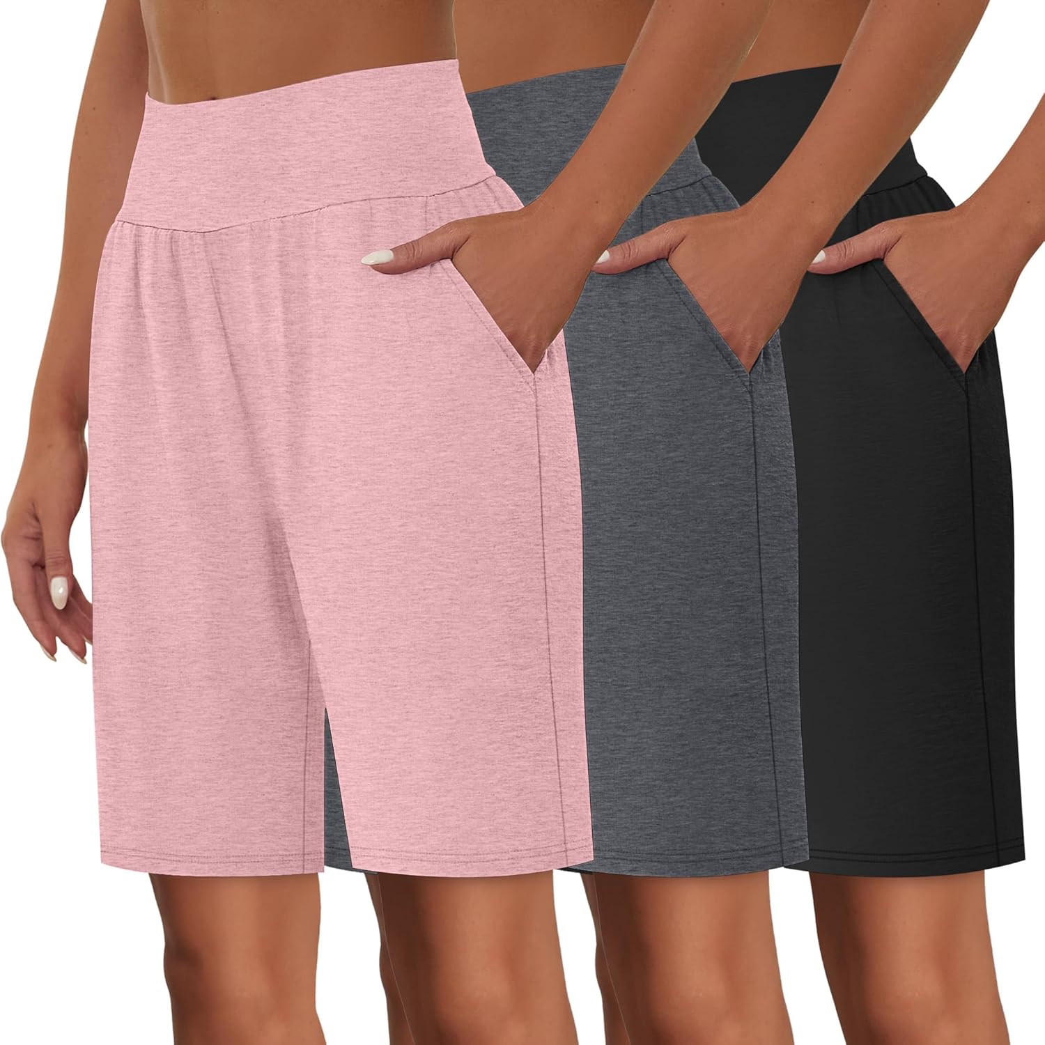 Neer 3 Pack Women's Bermuda Shorts, High Waist Cotton Stretch Casual Bottoms Knee Length Summer Athletic Short with Pockets(Black, Pink, Dark Mixed Gray,Medium)