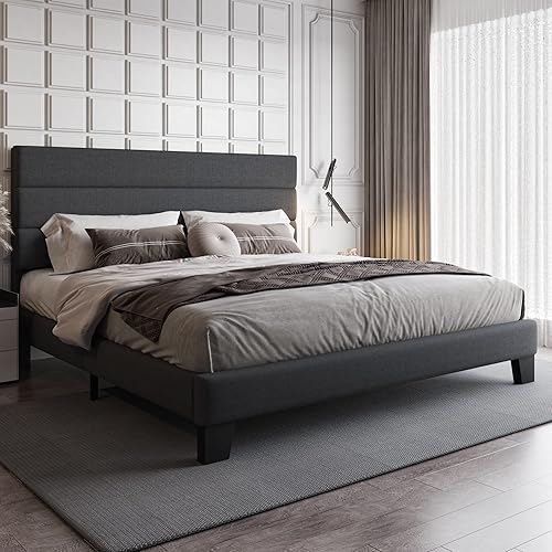 ONBRILL Base de cama de tamaño matrimonial con cabecera tapizada de tela soporte de listones de madera resistente base de colchón tapizada no