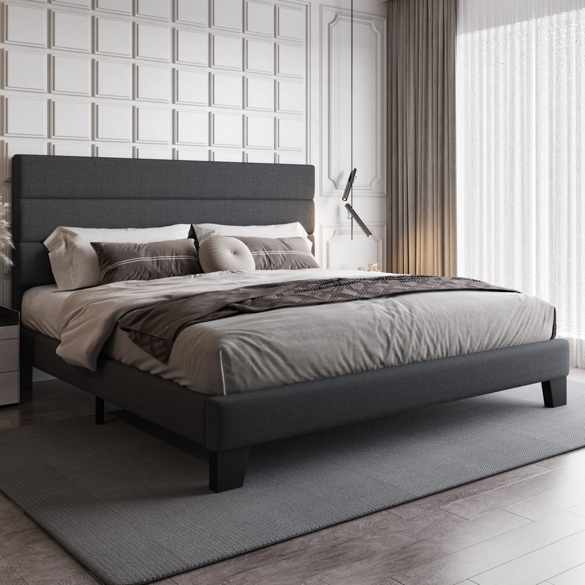 ONBRILL King Size Bed Frame with Fabric Upholstered Headboard Sturdy Wood Slat Support Upholstered Mattress Foundation No Box