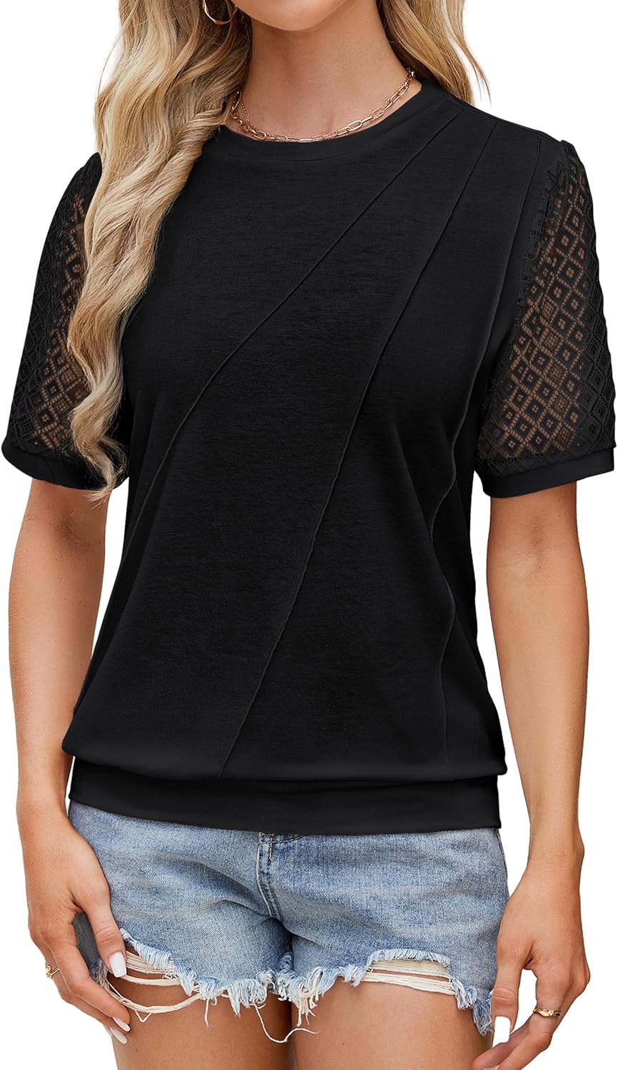 Blooming Jelly Womens Lace Short Sleeve Shirts Dressy Business Casual Summer Tops Ladies Pleated Spring Blouses 2025