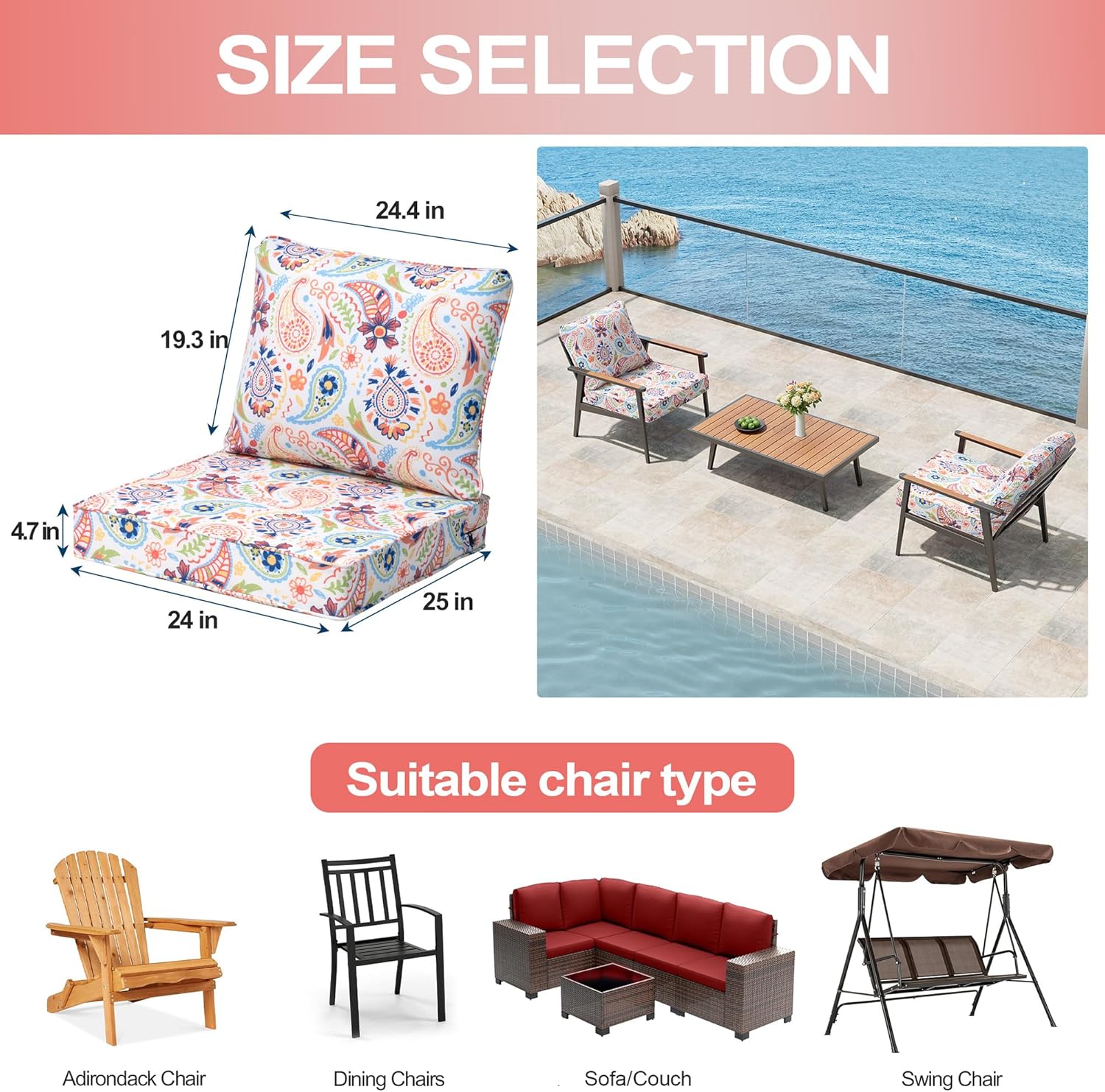 24x24 Inch Outdoor Cushions for Patio Furniture Water-Repellent Patio Chair Cushions 2-Year Fade Resistant Deep Seat Cushions, Replacement Cushions for Outdoor Furniture (Red Flower)