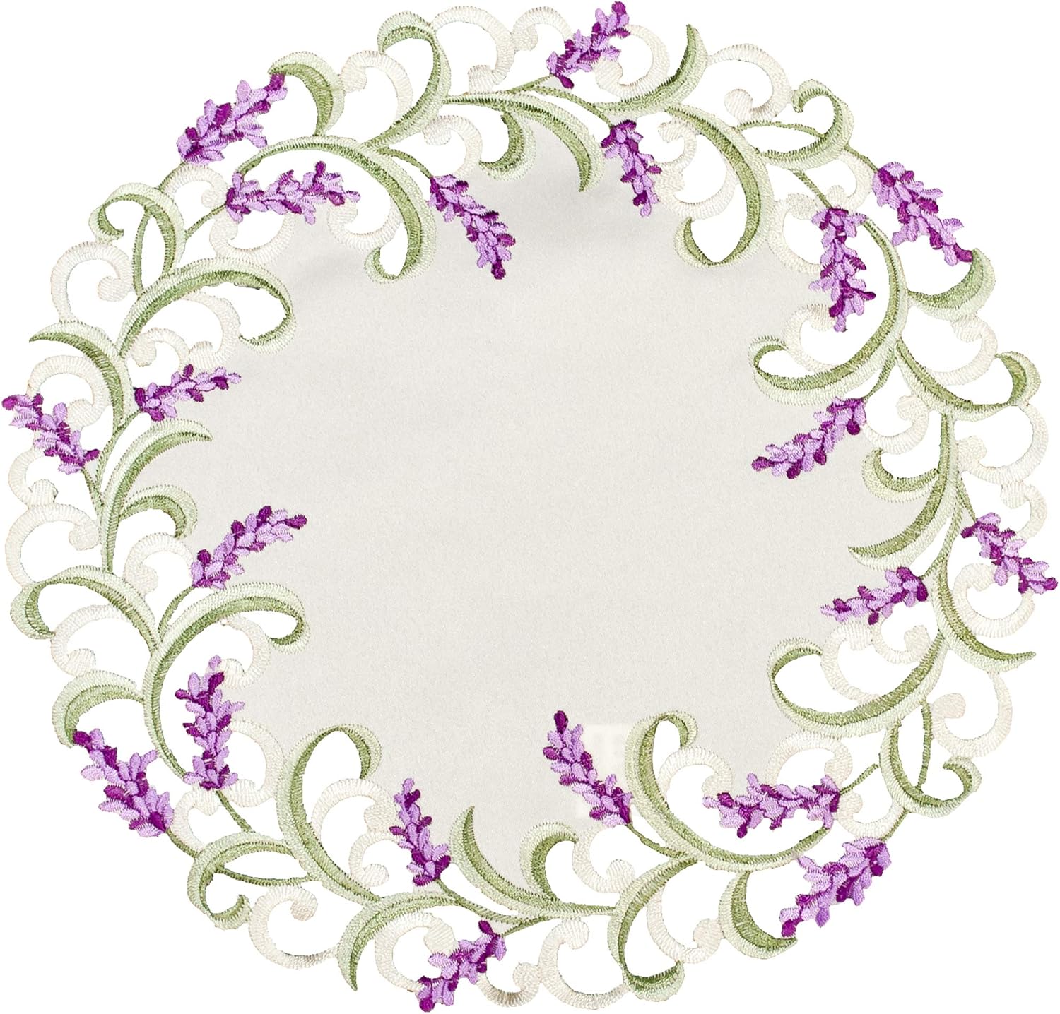 Embroidered Purple Lavender Lilac Doily Placemat on Ivory (15 Inch Round) (Pack of 2)