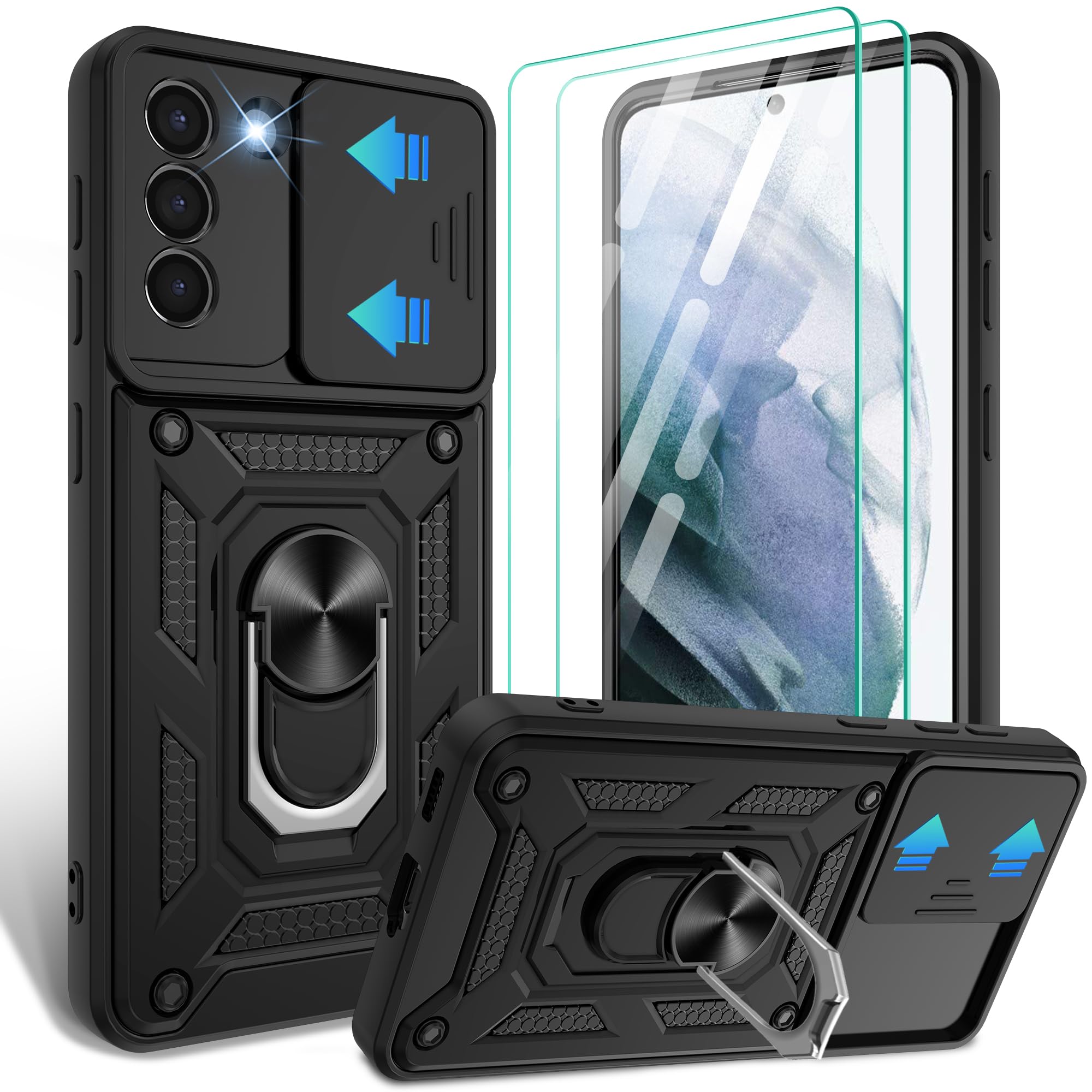 Gritup for Samsung Galaxy S21 Case with Slide Camera Cover & [HD Screen Protector×2],360°Rotation Ring Kickstand [Military Grade],Black