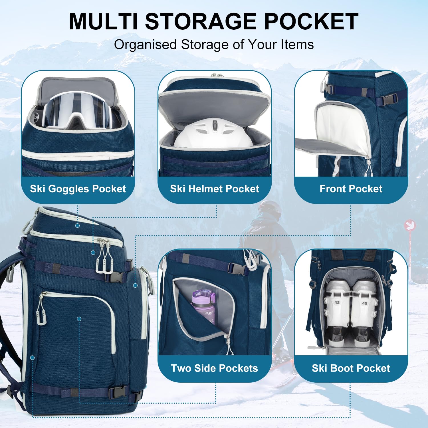 Mochila para Botas de Esquí 65L con Compartimento para Casco, Snowboard