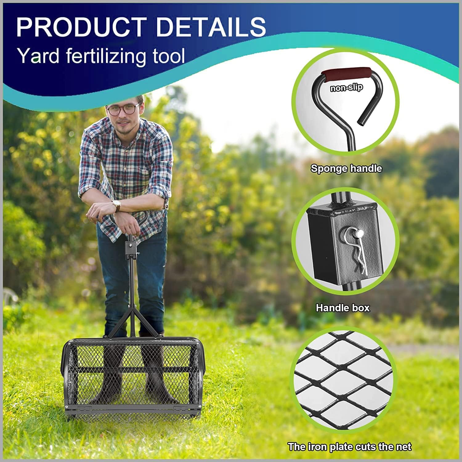 24 Inch Compost Spreader, Peat Moss Spreader with Handle for Planting Seeding, Durable Lightweight Metal Mesh Spreader for Lawn and Garden Care Manure Spreaders Roller