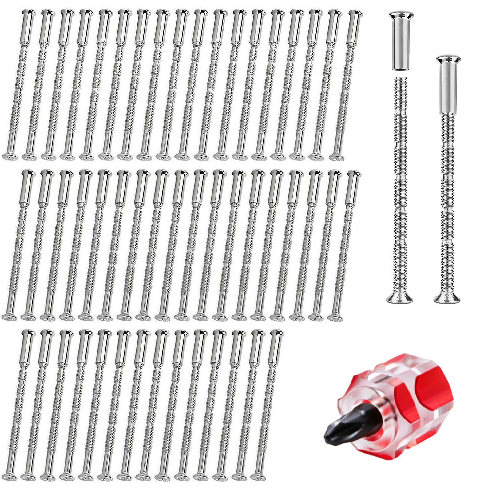 ZOCONE 100Pcs M4 Door Handle Screws and Sleeves, 50 Set for Furniture Door Handle Bolt Through Fixings for Wardrobe Cabinet Nickel Plated Doors Connectors M4 Through Bolts Set with a Mini Screwdriver