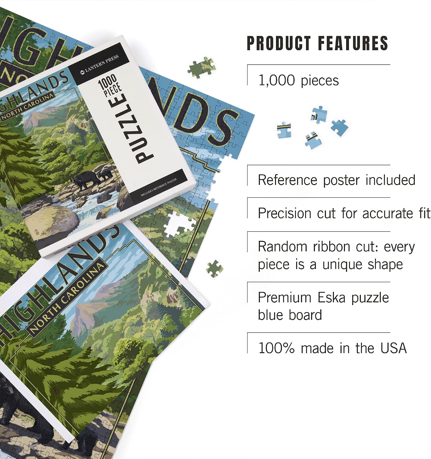 Lantern Press Highlands, North Carolina, Bear Family and Creek 1000 Piece Jigsaw Puzzle for Adults, Made in USA with Reference Poster