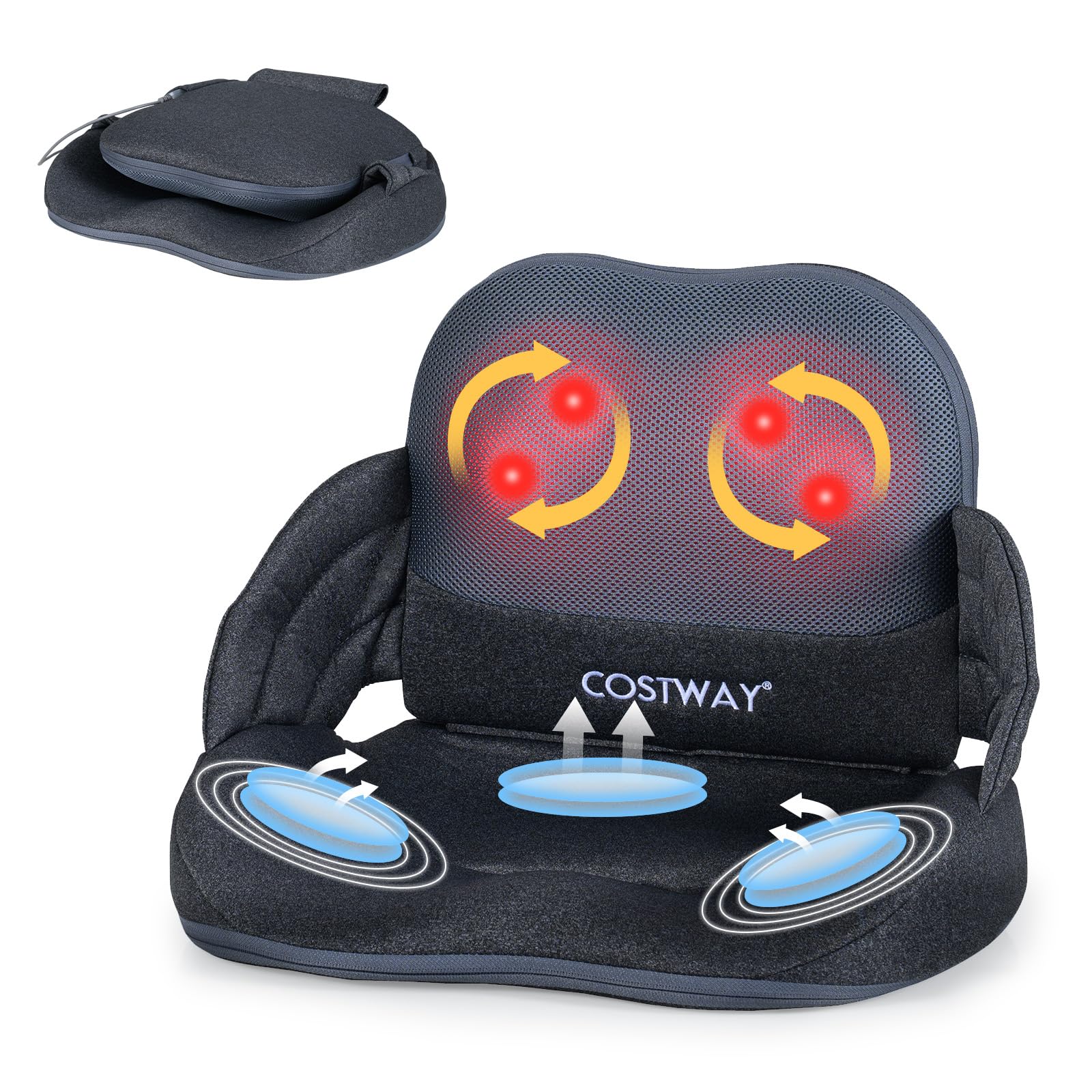 COSTWAY Massagesitzauflage mit Wärmefunktion, Vibration, Controller & Knetmassage, Faltbare Shiatsu Rückenmassagegerät für Rücken & Hüftstütze, Massagekissen Sitzkissen für Hause Büro