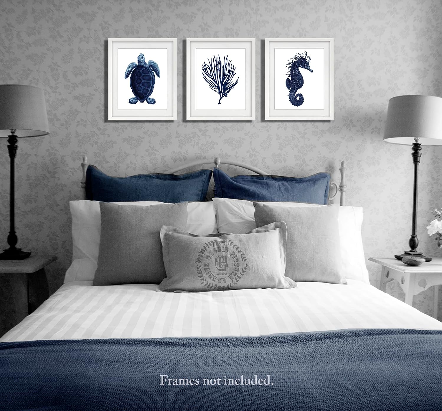 Gnosis Picture Archive Sea Turtle Seahorse Sea Coral Navy Blue and White Coastal Wall Decor Set of 3 Unframed Prints