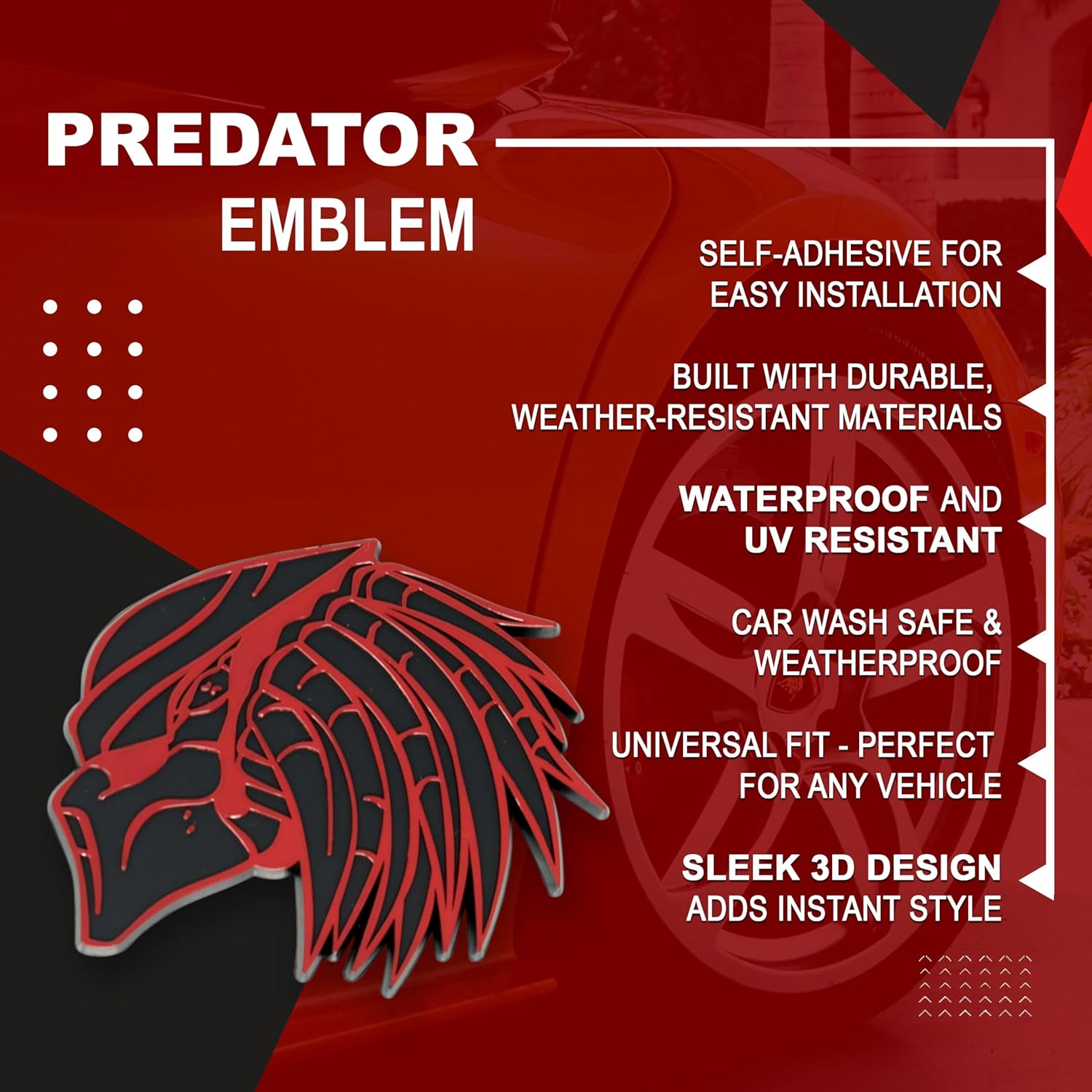 Predator Emblem, Custom 3D Exterior Automotive Accessories, Universal Fit for Car, Truck, SUV (Set of 2) (Red)
