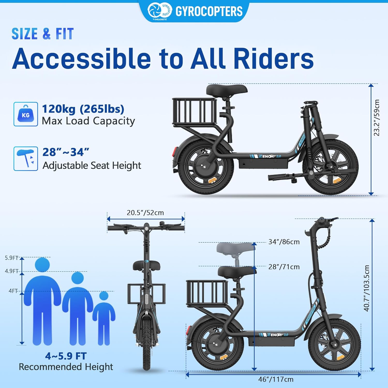 Gyrocopters Zeno2.0 Electric Scooter size and fit diagram