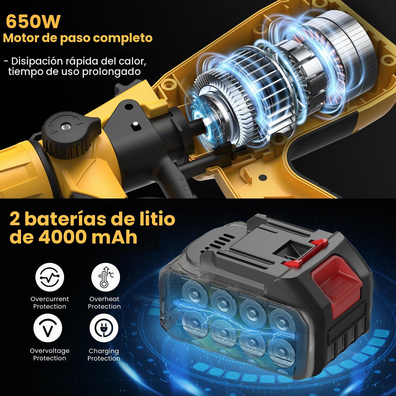 HVLP Pistola Pintura Electrica, 650W Pulverizador de Pintura con Contenedor de 1000ml,6 Boquillas y 3 Modelos. Pstola Pintura Bateria 2 de 4000 mAh para Interiores y Exteriores (Amarillo)