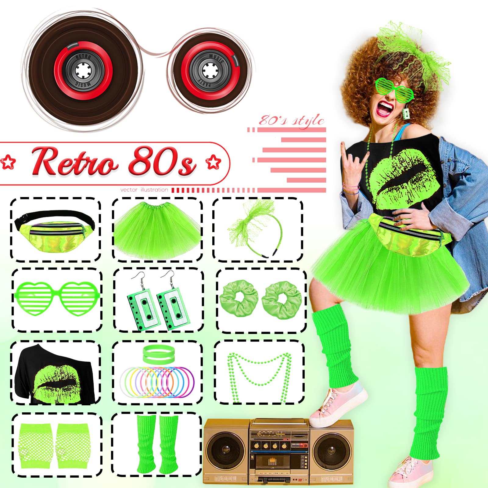 80s Costume Outfits Accessories Set for Girls, 1980s Fancy Dress Party Kits with T-shirt Tutu Bumbag Headband Earring Necklace Fishnet Gloves Leg Warmers Glasses Bracelet Scrunchies for Women Dress up - Image 4