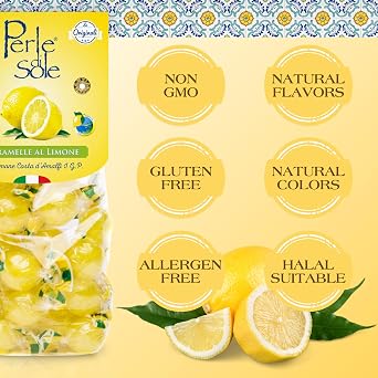 Perle di Sole Italian Lemon Candy Drops - Lemon Hard Candy Individually Wrapped - Fizzy and Tart Citrus Candies (17.63 oz | 500 g)