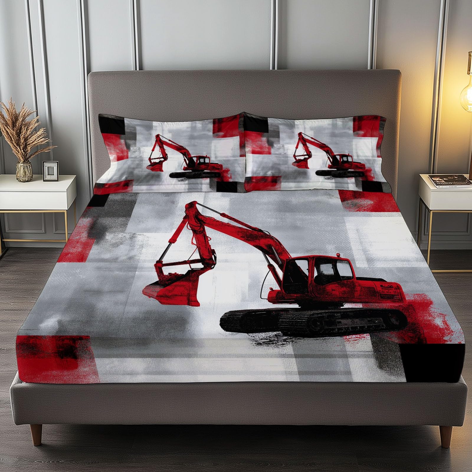 200 x 200 cm Drap Housse Microfibre, Excavatrice Abstraite À Blocs Couleur Imprimé Parure De Lit Doux Élastique Drap Housse 30 cm Profonde pour Matelas Epais - Convient à Toutes Les Saisons, Gris