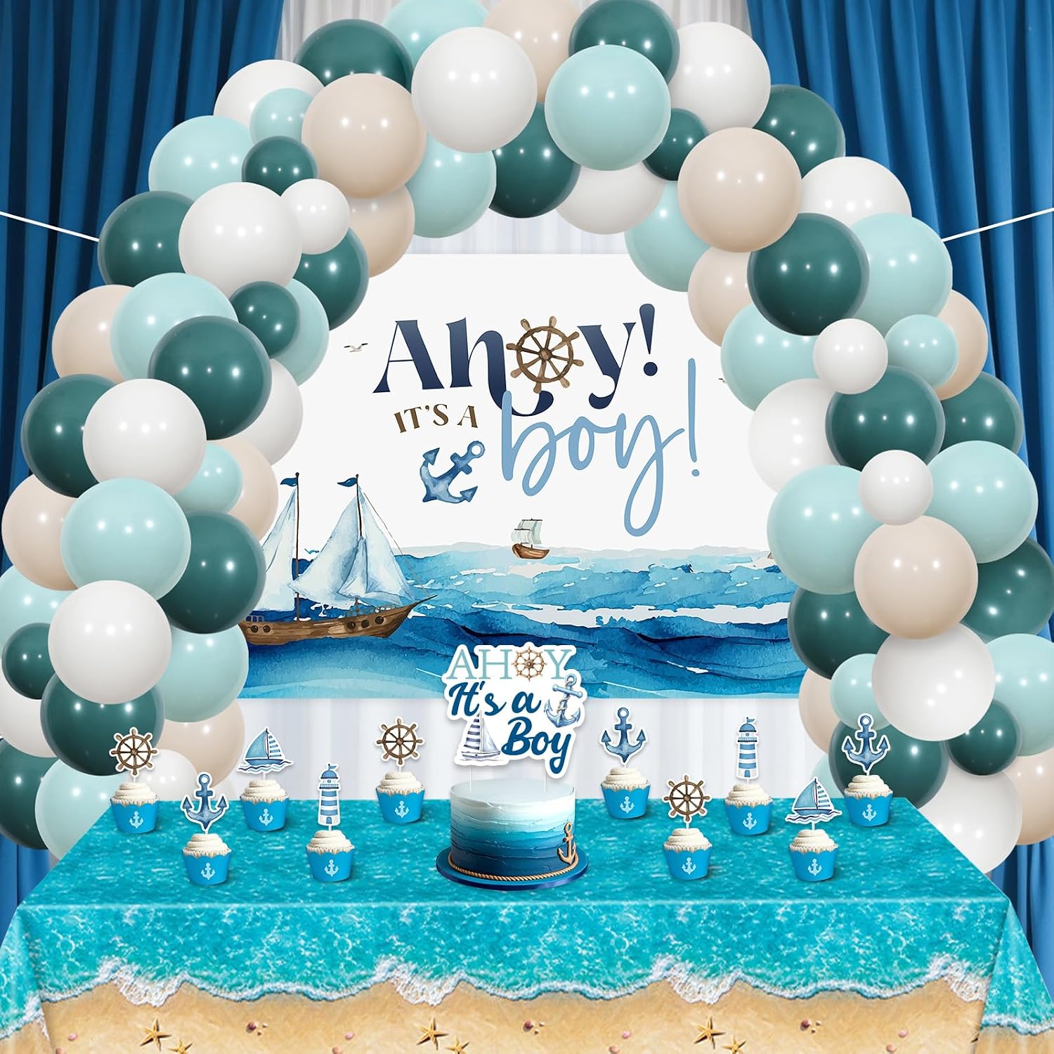 Ahoy It's a Boy Baby Shower Decorations Blue Nautical Backdrop Banner Cake Topper Balloon Garland Arch Ocean Navy Cruise Party Ship Anchor Decor Beach Tablecloth for Boys