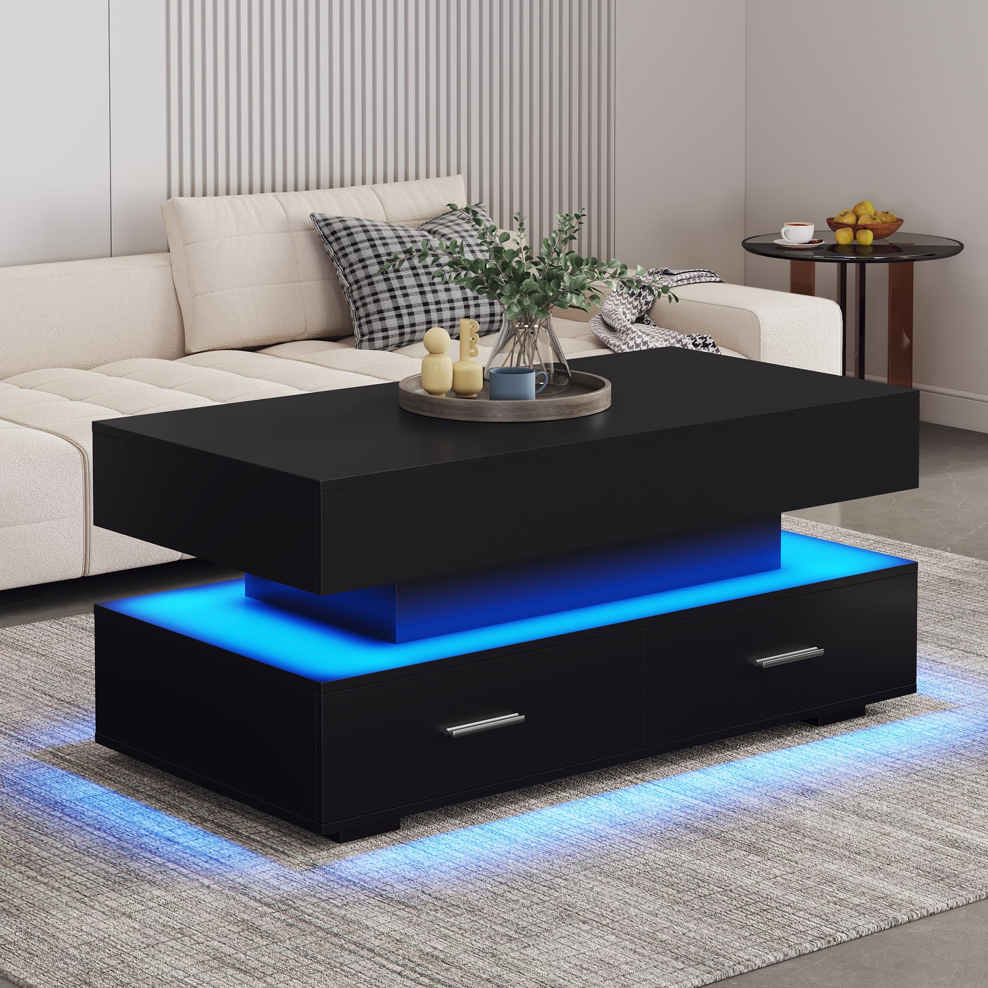 SUKY Mesa de Centro hidráulica Regulable en Altura 100 x 50 x 44 cm, 2 cajones y Espacio de Almacenamiento Abierto, Mesa de Centro elevable