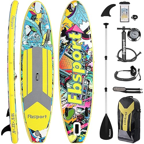 FBSPORT Premium Inflatable Stand Up Paddle Board (6 inches Thick) with SUP Accessories & Carry Bag | Wide Stance, Surf Control, Non-Slip Deck, Leash, Paddle and Pump, Standing Boat for Youth & Adult